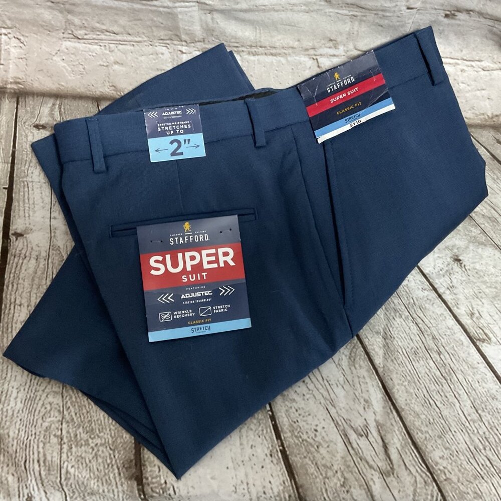 Stafford Mens Super Suit Stretch Dress Pants Trousers Blue 34x34 Classic Wool Bl